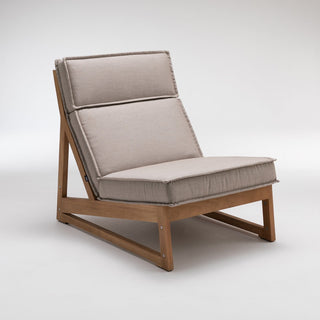 Outdoor lounge chair with beige cushions.