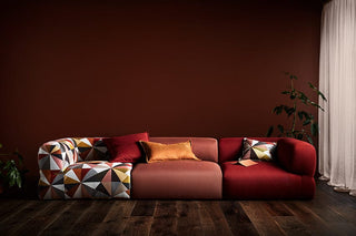Modern geometric pattern sofa in a room.