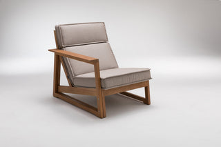 Modern wooden armchair with beige cushions.