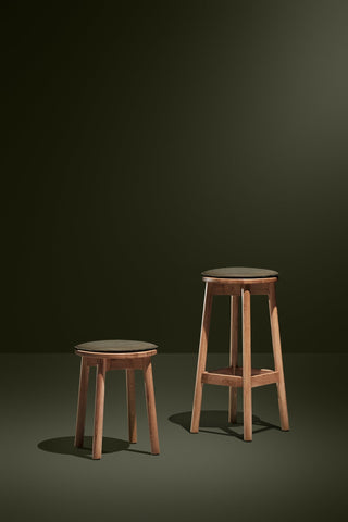 Didier bar stools, wood and upholstered seat.