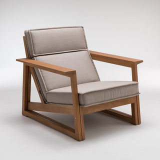 Wooden armchair with beige cushions.