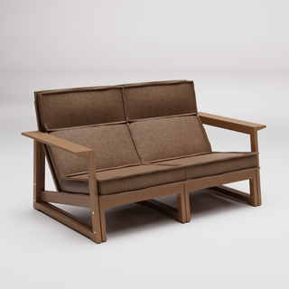 Brown two-seater sofa with armrests.