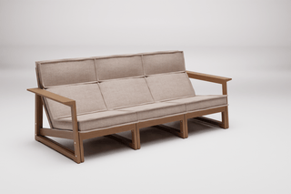Beige three-seat sofa with wooden frame.