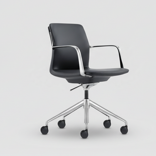 Black office chair with wheels on a light gray background