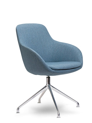 Blue chair with a chrome base on a white background