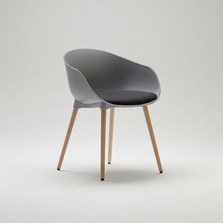 Modern chair with gray seat and backrest and wooden legs on a white background