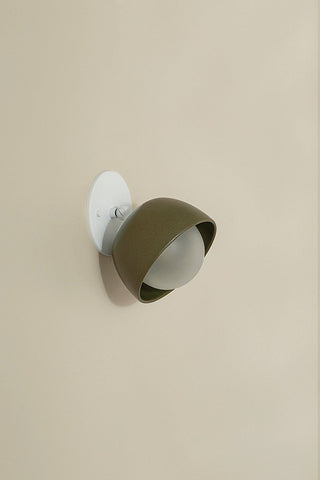 Marz Designs Terra 0 olive wall sconce, white satin, articulating, side view.