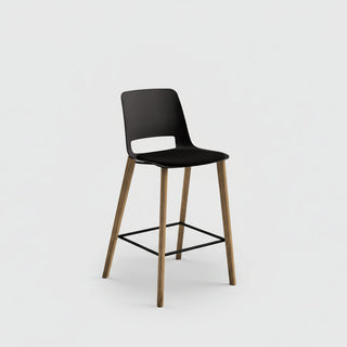 Bar stool with black seat and wooden legs on a white background