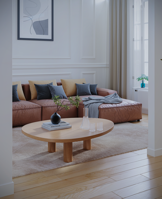 Pebble coffee table in living room with sofa and decor
