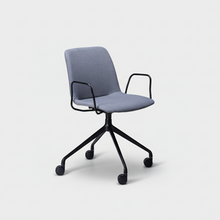 Gray office chair with black swivel base on a white background