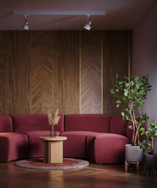 Solid timber coffee table on a red patterned rug