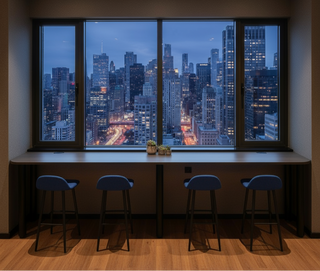 Modern room with a large window view of a city skyline at night, featuring a bar table and chairs.