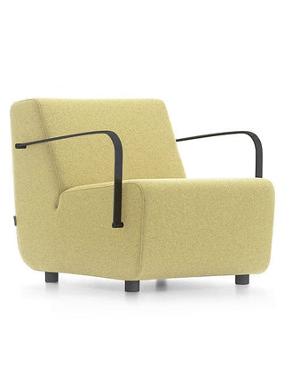 Yellow armchair with black arms