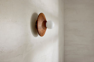 Marz Designs Walnut Brass Wall Disc Sconce with Opal Bulb